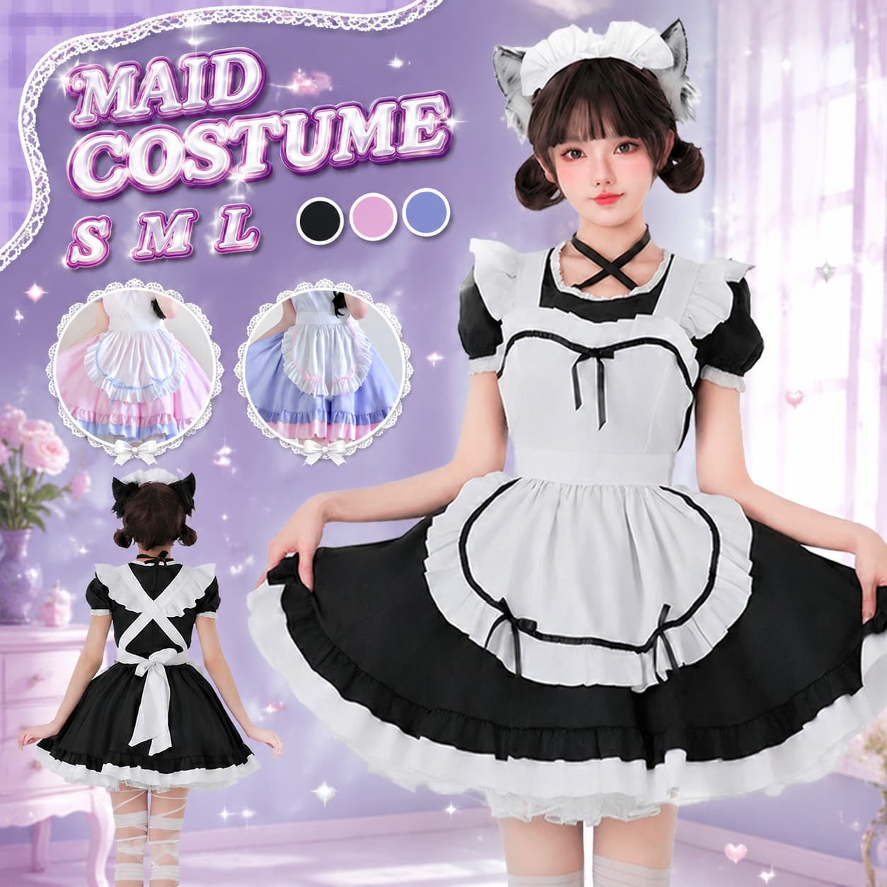 メイド服 可愛い レディース コスプレ 衣装 仮装 3点セット フリル カチューシャ付き ロリータワンピース アニメ 女装 エプロン コスプレ衣装 ハロウィン コスチューム 大人用 パーティー 定番 黒 cosplay 洋服 喫茶店 ロリータ 半袖 膝丈