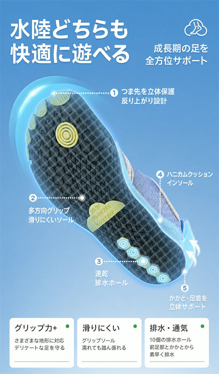RINWAのキッズ マリンシューズ ウォーターシューズ 子供用 男の子 女の子 水陸両用 アクアシューズ ビーチシューズ 排水機能 軽量 速乾 滑りにくい シュノーケリング ダイビング プール 海 川遊び 磯遊び 岩場 砂浜 ケガ防止 夏｜アングル3
