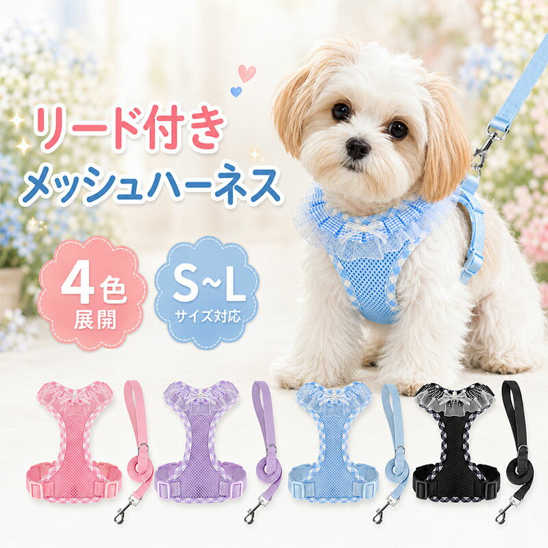犬 ハーネス リード付き 小型犬 中型犬 レース 通気 メッシュ ハーネス リード セ...