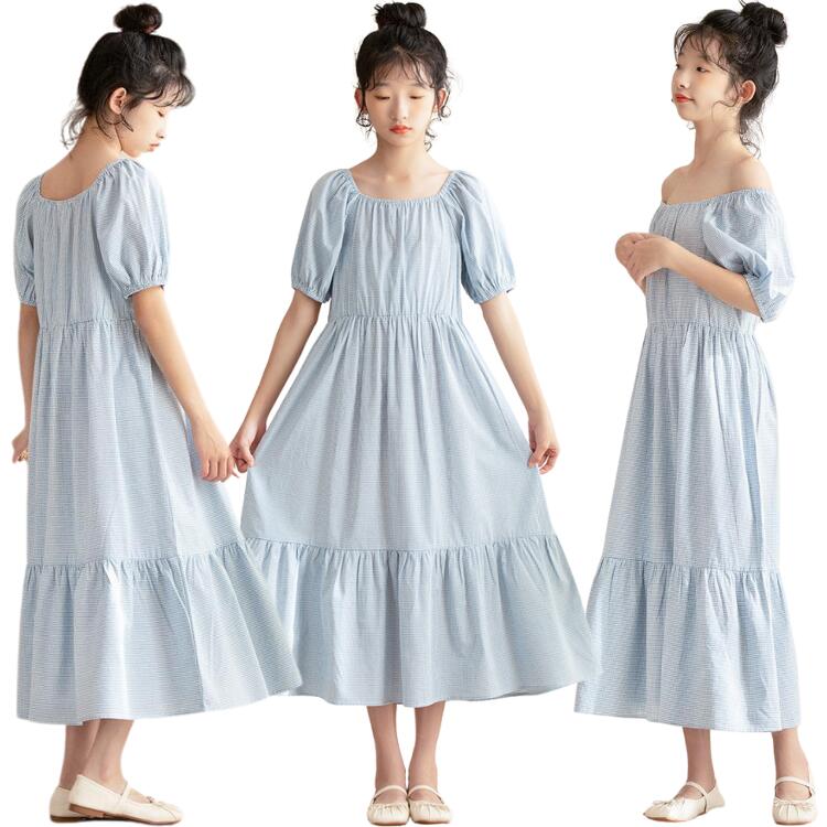 楽天RIO STORE（リオストア）青 2way キッズ ワンピース 女の子 かわいい 夏用 ロング丈 半袖 パフスリーブ フレアスカート ワンピース ミモレ丈 キッズ おめかし 韓国風 おしゃれ 子ども サマー シンプル カジュアルワンピース 大人っぼい おしゃれ 140-170