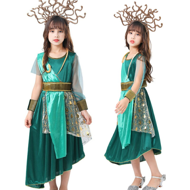 ハロウィン 子供 コスチューム グリーン ワンピース 古代ギリシャ 蛇 へび 妖精 女の子 コスプレ 衣装 ..