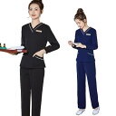 大きいサイズ 事務服 制服 ユニフォーム セットアップ レディース エステウェア 長袖 トップス パンツ Vネック おしゃれ 美容院 クリニック ネイル マサッ...