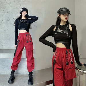 レディース ダンス衣装 大人 カーゴパンツ 黒トップス ダンス衣装 セットアップ 学生 中高生 k-pop ヒップホップ JAZZ 上下セット ステージ衣装 ダンスウェア へそ出し 長袖 ロングパンツ 韓国風 おしゃれ S/M/L