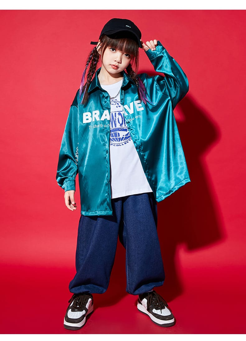 ダンス衣装 キッズ 子供服 リゾート 夏 セットアップ サテン ジャケット リゾート デニム 男の子 女の子 キッズ カジュアル オーバーサイズ 子供服 キッズダンス ヒップホップ hiphop ダンス衣装 チーム 110-180cm キッズダンス 3