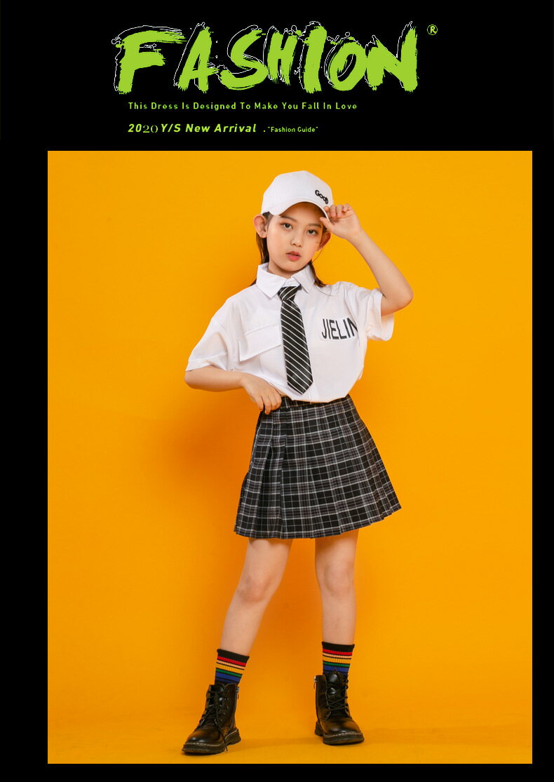 ダンス衣装 子供 キッズダンス 子供ダンス JK 白シャツ 半袖 ハーフパンツ スカート 上下セット チェック柄 夏 ヒップホップ ダンス衣装 hiphop ダンス チアガール かっこいい 可愛い ネクタイ付き 舞台 演出 110 180