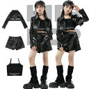 ヒップホップ 黒 ブラック へそ出し レディース ハイウェスト ジャケット トップス ショーツ 女の子 応援団 韓国風 かっこいい ジャズダンス 子供服 上下 ...