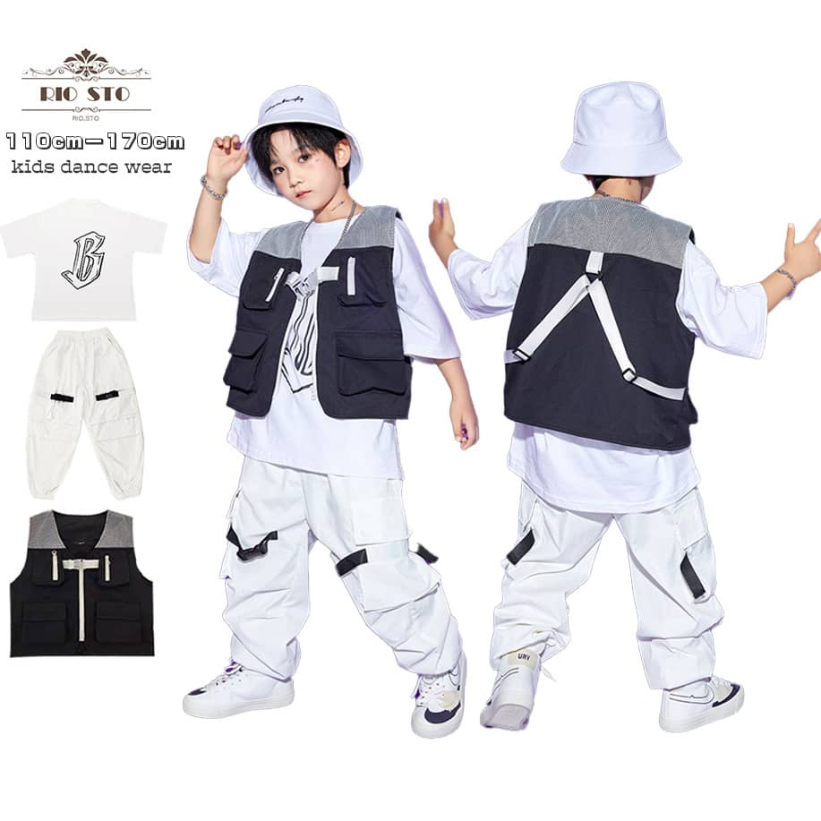 キッズダンス 子供服 ダンス衣装 セットアップ ホワイト ブラック Tシャツ ベスト ズボン hiphop 男の子 ダンスウェア 夏 ゆったりサイズ 白 黒 演出 応援ダンス 舞台 演出 団体注文 発表会 文化祭 公演 1