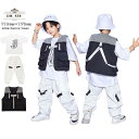 キッズダンス 子供服 ダンス衣装 セットアップ ホワイト ブラック Tシャツ ベスト ズボン hiphop 男の子 ダンスウェア 夏 ゆったりサイズ 白 黒 演出 応援ダンス 舞台 演出 団体注文 発表会 文化祭 公演 1