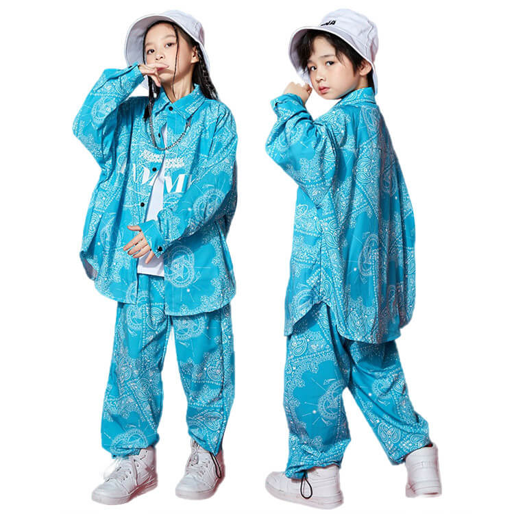 キッズ ダンス 衣装 柄シャツ 長袖 パンツ 青 子供服 セットアップ キッズ ヒップホップ 衣装 男の子 女の子 ゆるシャツ パンツ ロング丈 ダンス衣装 かっこいい 110 120 130 140 150 160 170 180