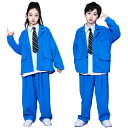 子供服 キッズダンス 衣装 女の子 男の子 ダンス発表会 ストリート 韓国 子供服 ブルー ホワイト 白 スーツ 長袖 ズボン ダンスパンツ 子供服 ダンス 衣...