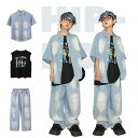 子供ダンス 男の子 女の子 夏用 イベント服 セットアップ 単品 キッズダンス ダンス衣装 HIPHOP 2点セット ゆったり デニムシャツ デニムパンツ ジンズ カーゴパンツ 演出服 発表会 団体演出 日常着 普段着