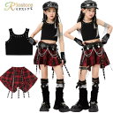黒 赤 キッズダンス 衣装 女の子 ステージ衣装 袖なし トップス 手袋 へそ出し チェックスカート 子供 ジャズダンス チアガール ダンス衣装 演出服 韓国 ...