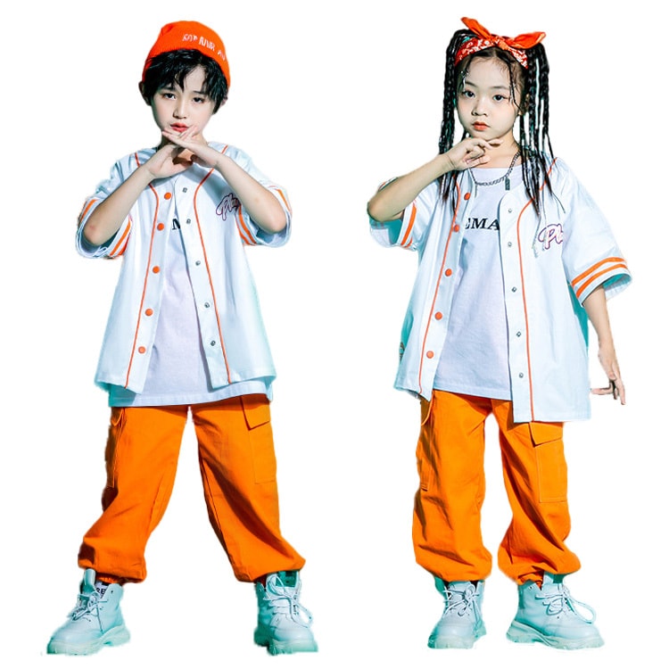 白 ベースボールシャツ キッズ ダンス衣装 セットアップ ヒップホップ オレンジ ロングパンツ 韓国 女の子 男の子 スカーフ 帽子 半袖 運動 野球 子供服 ヒップホップ ストリート レッスン ダンスウェア 発表会 ジャズ hiphop ステージ衣装 演出服 110-180