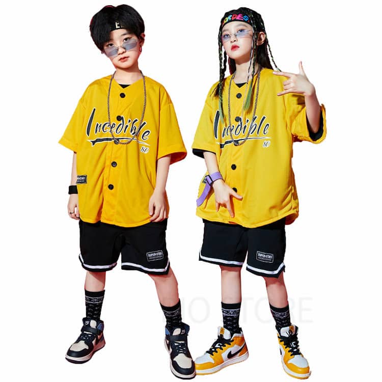 黄色 ベースボールシャツ ダンス衣装 キッズ ヒップホップ ファッション 黒 短パン セットアップ キッズダンス衣装 派手 男の子 ガールズ 野球シャツ ズボン 黒tシャツ 韓国 子供ダンス ストリート 演出服 半袖 k-pop