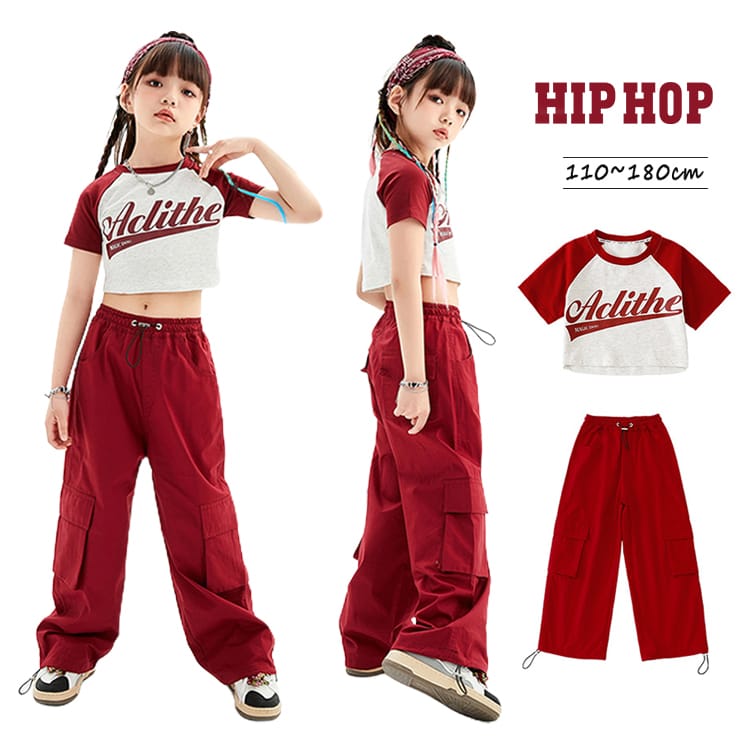 へそ出し キッズダンス 子供服 セットアップ 女の子 Tシャツ 白 ワインレッド ダンス 衣装 ヒップホップ 子供 服 ガールズ パンツ ワインレッド カーゴパンツ チームダンス hiphop 韓国 おしゃれ 110-180