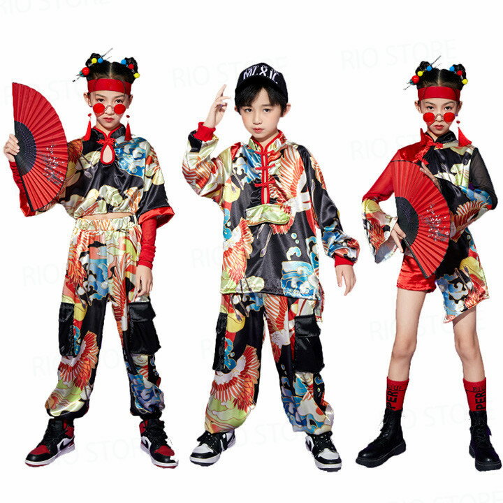 楽天RIO STORE（リオストア）子供ダンス ヒップホップ エスニック 上下セット キッズ ダンス衣装 セットアップ 男の子 中華風 チアダンス ジャズ トップス パンツ スカート パンツ チャイナ風 女の子 hiphop jazz ステージ衣装 ダンスウェア おしゃれ