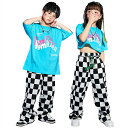 子供服 tシャツ 青 パンツ チェック柄 キッズダンス衣装 男の子 女の子 セットアップ パンツ ロング丈 ダンス 衣装 練習着 ヒップホップ キッズ服 ストリート系