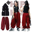 キッズ チア ダンス ガールズ 衣装 トップス ロングパンツ セットアップ 子供服 ブラック レッド 袖なし ジャズダンス チアガール ステージ衣装 演出服 体...