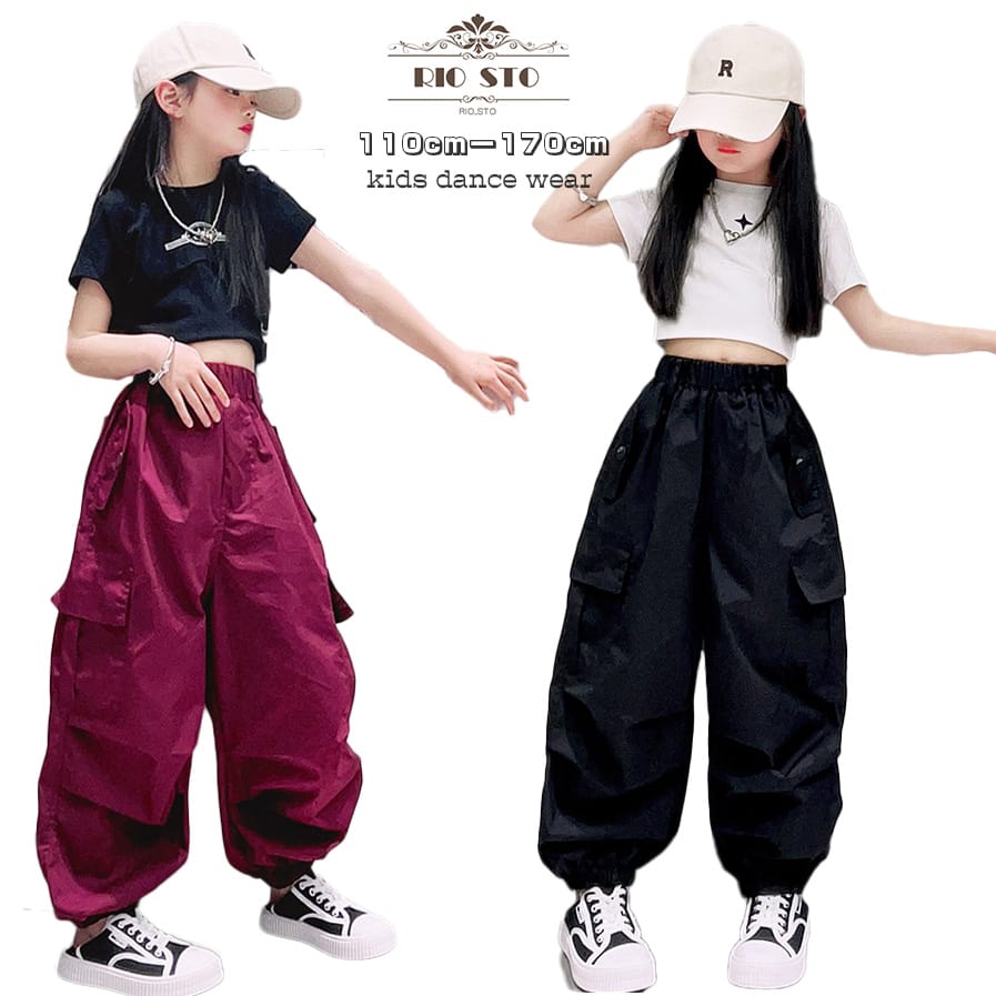 新品 キッズダンス カーゴパンツ 2点セット 子供服 韓国 夏 子供ダンス ガールズ 女の子 キッズ HIPHOP ジャズ へそ出し レッスン着 チアダンス ワイン 黒 白 ワイドパンツ 練習着 演出服 イベ…