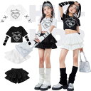 ダンス衣装 チアガール 女の子 ハート柄 デザイン 黒白 トップスホワイト ブラック フリル スカート ミニスカート ジャズダンス かわいい 韓国風 団体服 ス...