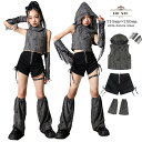ダンス衣装 女の子 3点セット グレー フード付き トップス ショーツ 手袋 レッグウォーマー 女の子 夏 可愛い JAZZ ダンス服 へそ出し ノースリーブ hiphop ジャズ チームダンス 小学生 中学生 kpop 韓国 発表会 演出服