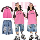 子供ダンス 男の子 女の子 夏用 イベント服 キッズダンス ダンス衣装 HIPHOP 2点セット 半袖 ゆったり Tシャツ 短パン デニムショーツ イラスト 演出服 発表会 団体演出