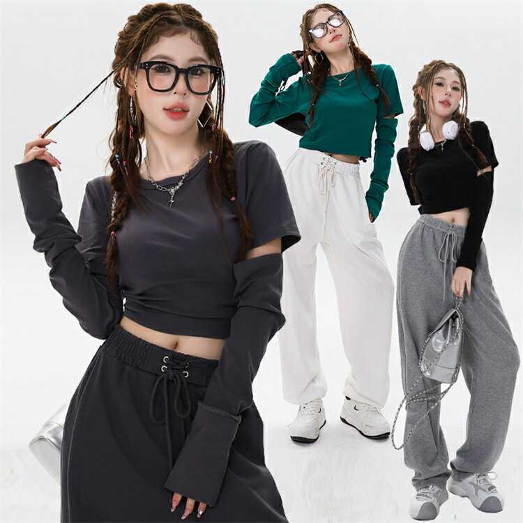 黒 白 緑 灰 k-pop衣装 ジャズダンス服 大人 レディースへそ出し 演出服 ヒップホップ ダンス衣装 セットアップ 無地 トップス パンツ おしゃれ JAZZ HIPHOP 韓国 スポーツ風 ストリート ステージ服 長袖 ズボン レッスン着 練習服 ダンスパンツ