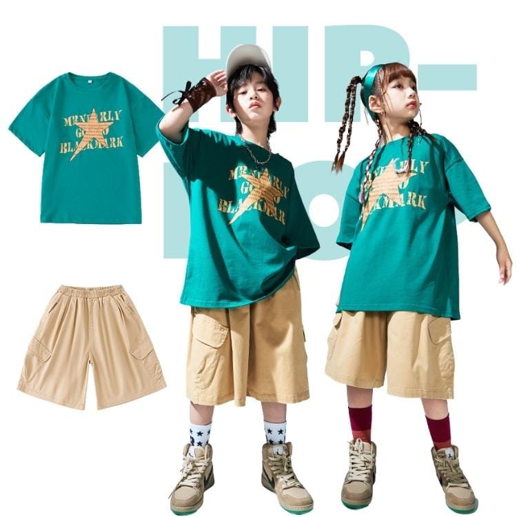 子供ダンス 男の子 女の子 夏用 イベント服 キッズダンス ダンス衣装 HIPHOP 2点セット 半袖 ゆったり Tシャツ 短パン イラスト 演出服 発表会 団体演出 グリーン