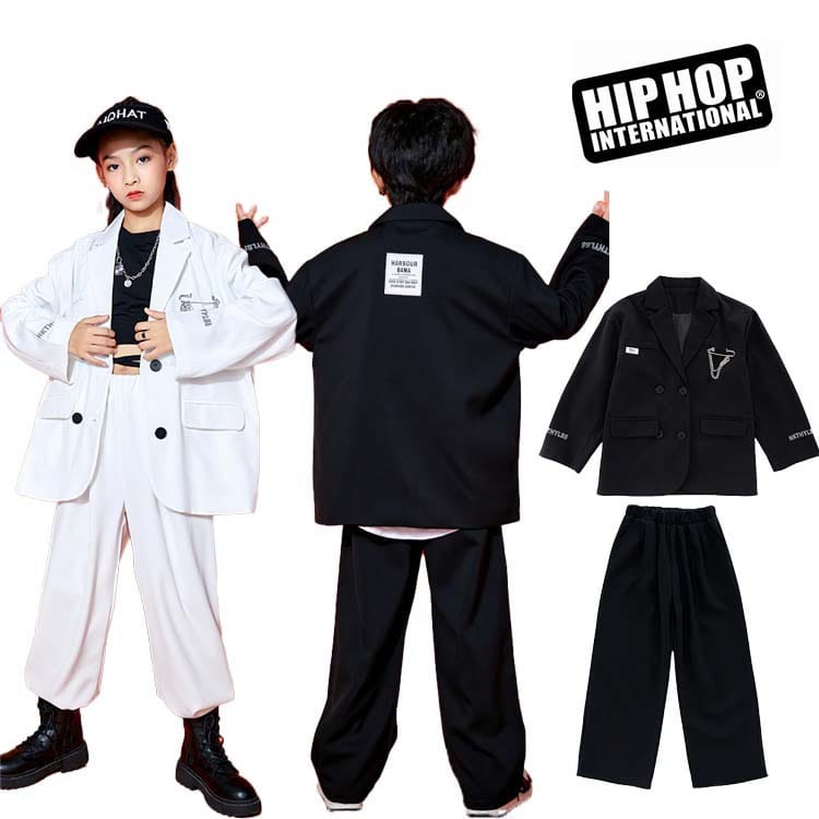 キッズダンス衣装 セットアップ ヒップホップ スーツ jazz モノトーン 男の子 女の子 フォーマル k-pop ジャケット シャツ 黒 白 長袖 オーバーサイズ ゆったり ロングパンツ ズボン ダンスウェア おしゃれ 演出用 舞台