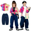 チェック柄 シャツ デニム 黒 ダンスウェア ステージ衣装 キッズダンス衣装 セットアップ 半袖 hiphop K-POP 韓国子供服 応援団 おしゃれ かっこ...