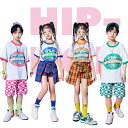 キッズダンス衣装 ヒップホップ 4色展開 女の子 男の子 スカート トップス ショーツ 2点セット 団体 ピンク オレンジ ブルー グリーン 演出会 応援団 発...