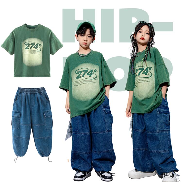 子供ダンス 男の子 女の子 夏用 グリーン イベント服 デニムパンツ 単品 キッズダンス ダンス衣装 HIPHOP 半袖 ゆったり Tシャツ 演出服 発表会 団体演出 グリーン