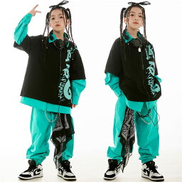 子供ダンス 学生 セットアップ シャツ パンツ グリーン 黒 長袖 ヒップホップ hiphop 男の子 女の子 キッズ カジュアル オーバーサイズ 子供服 キッズダンス ダンス衣装 ジャズチーム 120-170cm 演出服