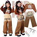 キッズダンス衣装 ヒップホップ 女の子 ブラウン カーキ デニム イラスト ロングパンツ トップス 2点セット 演出会 応援団 発表会 オシャレ 舞台服 キッズ...