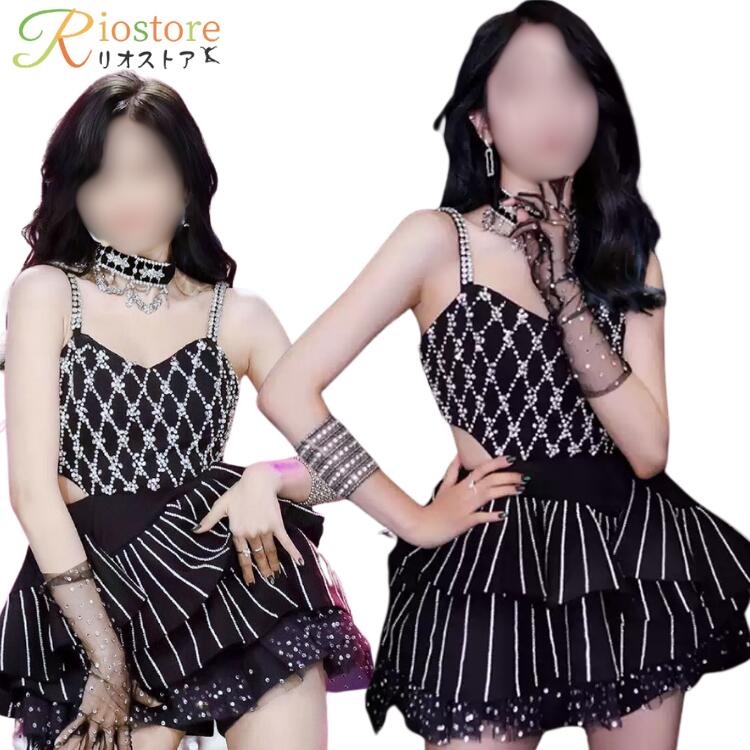 アイドル衣装 スパンコール ブラック 黒 ヘソ出し トップス レディース ジャズ 韓国 上下セット ダンス衣装 縦縞柄 スカート キャミソール大人 演出服 チアガール ダンス衣装 派手 かっこいい おしゃれ ダンスウェア 中高生 練習服