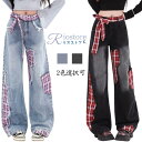 デニムパンツ チェック柄 サブカル系 日常着 レディース ブルー 青 ストレート ジーパン赤 黒 着痩せ パッチワーク リボン 長ズボン 美脚 脚長効果 ロングパンツ 韓国風 春 夏 秋 冬 ダンス衣装 ボトムス ダンスパンツ 大人 ストリート系 高校生 レッスン着 練習着