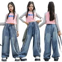 キッズダンス衣装 セットアップ 女の子 トップス パーカー ロングパンツ 英字柄 トップス デニム パンツ ジーパン ピンク ブルー グレー ダンス衣装 セット...
