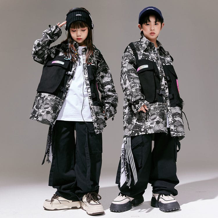 子供服 ダンス 衣装 キッズ セットアップ ヒップホップ 単品 柄シャツ シャツ パンツ ワイドパンツ カーゴパンツ キッズダンス 男の子 女の子 ストリート ダンスウェア 原宿系 おしゃれ 長袖 レッスン ジンズ hiphop jazz 白 黒 2