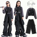 ダンス衣装 女の子 キッズダンス衣装 セットアップ チアガール 2点セット トップス ロングパンツ カーゴパンツ ブラック セットアップ ヒップホップ 子供服 ...
