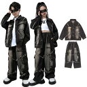 デニム ダンス衣装 キッズダンス衣装 セットアップ 2点セット ゆったり 女の子 男の子 ロングパンツ パンツ ブラック ヒップホップ 子供服 ジャズダンス 演...