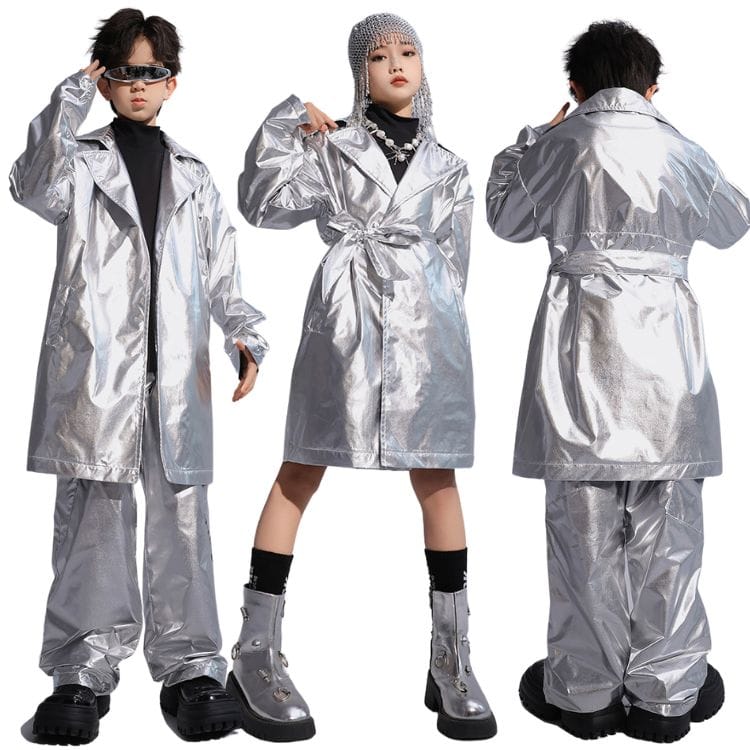 シルバー ダスターコート キラキラ キッズ ダンス 衣装 子供服 ヒップホップ 銀色 メタリック キッズダンス 子供 ジャケット ロングパンツ スカート キッズ...