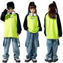 キッズ ダンス衣装 セットアップ hiphop バイカラー 黒 緑 トップス パンツ デニムパンツ ジーパン 男の子 女の子 チアガールズ ダンス K-POP ...