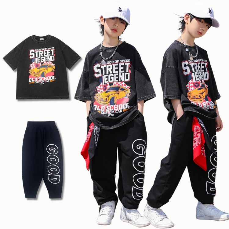 キッズダンス衣装 セットアップ 黒 デニム トップス 半袖 ダンス 衣装 ヒップホップ キッズ ファッション 男の子 かっこいい 子供服 セットアップ ダンス キッズ tシャツ 黒 パンツ ロング丈 おしゃれ ダンス 衣装 韓国風 練習着 hiphop