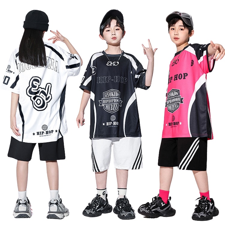子供服 tシャツ 白 黒 バラ色 キッズダンス衣装 tシャツ 半袖 カジュアル レーシングスーツ キッズ ダ..