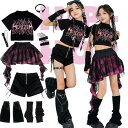 キッズダンス衣装 ヒップホップ チェック柄 原宿風 女の子 ショーツ スカート トップス 袖カバー 2点セット ブラック ピンク 演出会 応援団 発表会 オシャ...