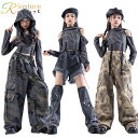 キッズ ダンス衣装 セットアップ ヒップホップ カモフラージュ柄 女の子 カモフラージュ柄 トップス 肩出し パンツ デニムパンツ ロングパンツ 迷彩パンツ ワ...