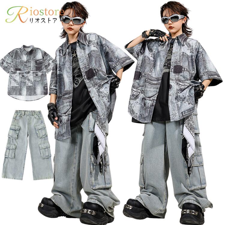 乐天商城 - キッズ ダンス 衣装 セットアップ ヒップホップ デニム風プリント シャツ デニム カーゴパンツ 子供 服 男の子 女の子 KPOP 韓国 上下セット 半袖 ズボン ストリート系 派手 かっこいい 練習着 発表会 普段着 110-180cm