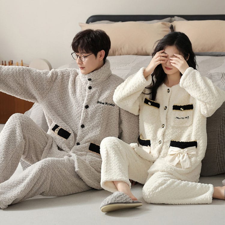 ペアルック カップル バジャマ セット ペアバジャマ モコモコ 冬 長袖 ホワイト グレー ペア部屋着 レディース メンズ パジャマ 前開き ふわふわ カップル...