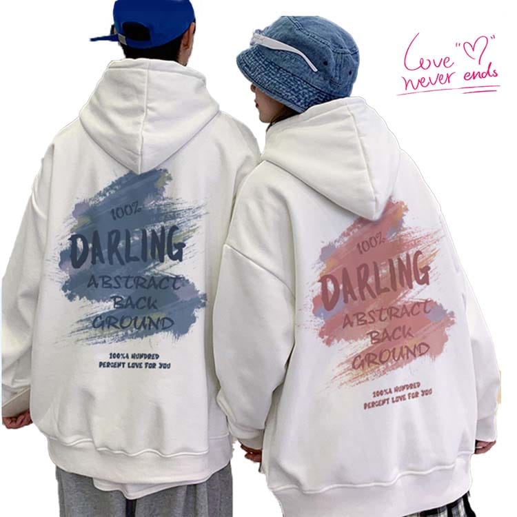 楽天RIO STORE（リオストア）2着セット ペア カップル パーカー Darling プリント ペアルック パーカー 秋冬春 ペアお揃い 薄手 派手 プルオーバー レディース メンズ 恋人 夫婦 ファション 写真撮り プレゼント おしゃれ ラブラブ 日常 白 黒 couple 記念日 お祝い LOVE 可愛い