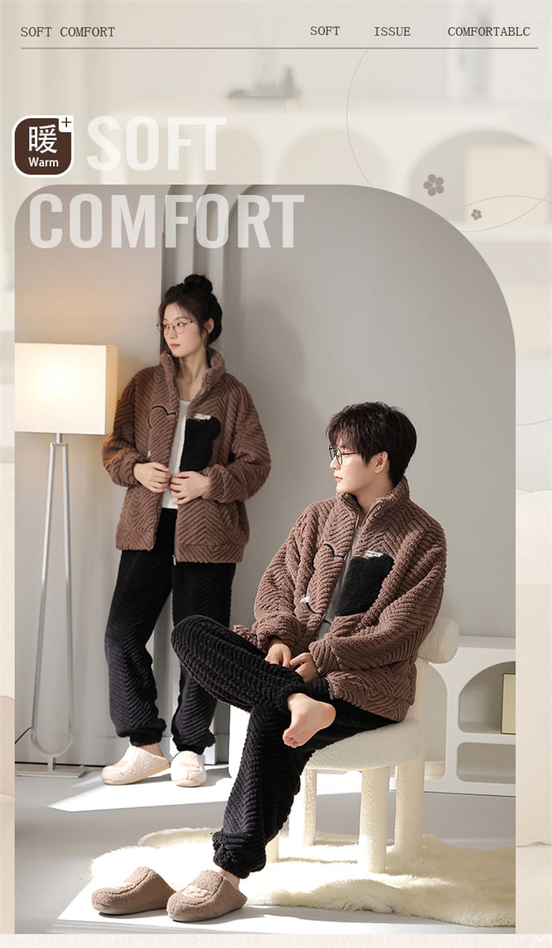 RIO STORE（リオストア）のパジャマ ふわふわ 冬用 男女セット ペアルック ルームウェア 可愛い クマ刺繍 レディース メンズ 男女セット 厚手 防寒 カップル 前開き パジャマ 秋 冬 部屋着 お揃い 大きいサイズ パジャマ セットアップ 結婚祝い プレゼント ギフト｜アングル2